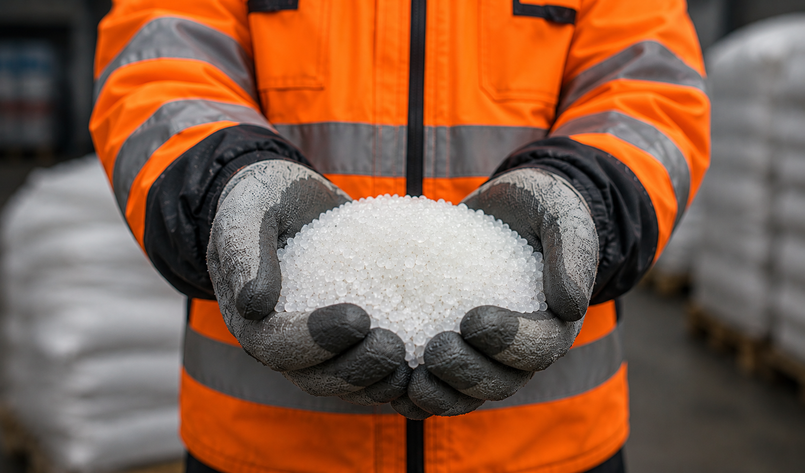 A handful of recycled PVCu granules