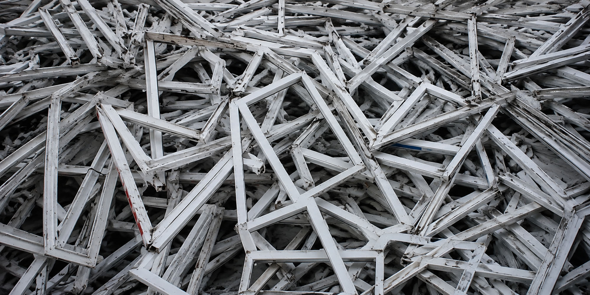 Stacked uPVC window frames at the Avon Reclamation yard